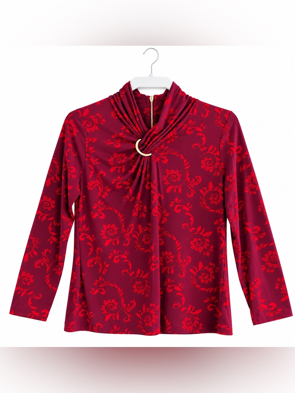 NWT Liz Claiborne Burgundy Red Damask Draped Ring Neck Long Sleeve Blouse